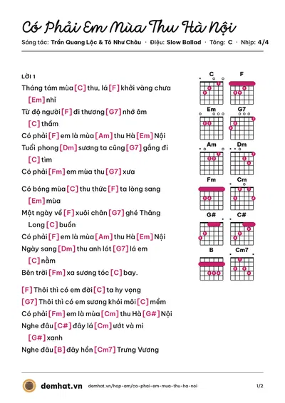 Hợp âm Có Phải Em Mùa Thu Hà Nội (Hồng Nhung) – bản nhạc PDF trang 1, tông C