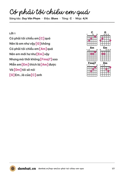 Hợp âm Có phải tôi chiều em quá (Duy Văn Phạm) – bản nhạc PDF trang 1, tông C