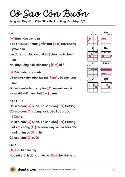 Hợp âm Cớ Sao Còn Buồn (Big Boy) – bản nhạc PDF trang 1, tông G