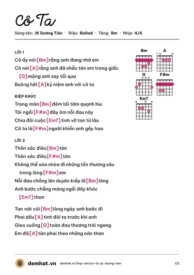 Hợp âm Cô Ta (JK Dương Tiên) – bản nhạc PDF trang 1, tông Bm