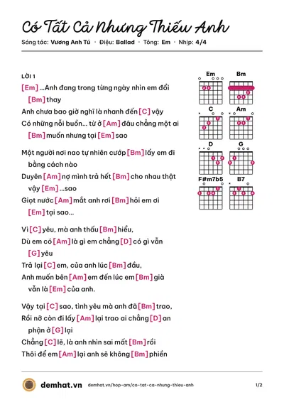 Hợp âm Có Tất Cả Nhưng Thiếu Anh (ERIK) – bản nhạc PDF trang 1, tông Em
