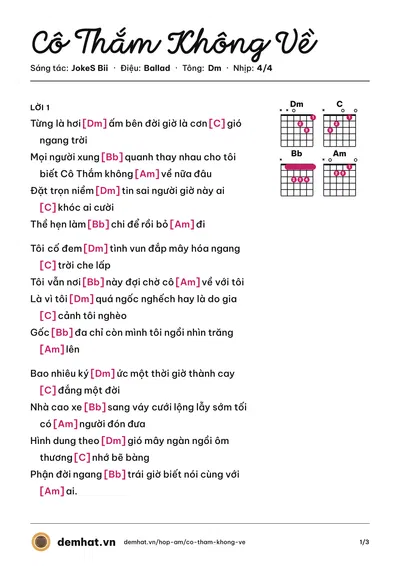 Hợp âm Cô Thắm Không Về (JokeS Bii) – bản nhạc PDF trang 1, tông Dm