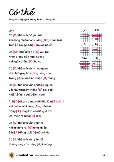 Hợp âm Có thể (Mimi) – bản nhạc PDF trang 1, tông D