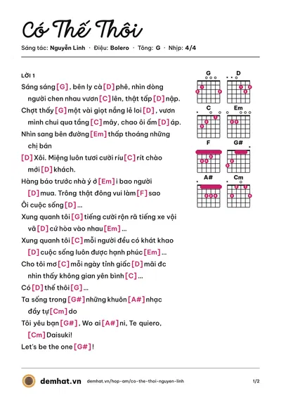 Hợp âm Có Thế Thôi (Nguyễn Linh) – bản nhạc PDF trang 1, tông G