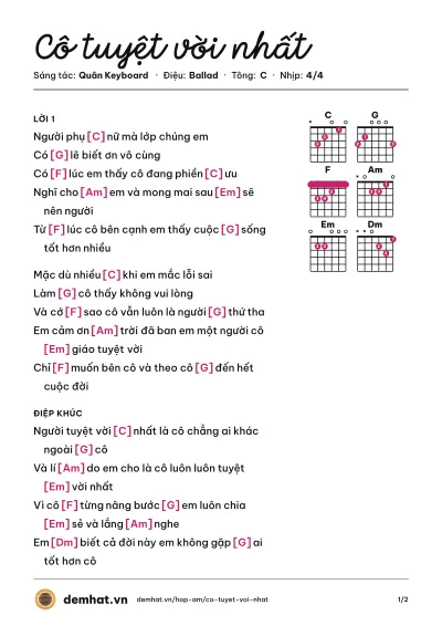 Hợp âm Cô tuyệt vời nhất (Vũ Duy Khánh) – bản nhạc PDF trang 1, tông C