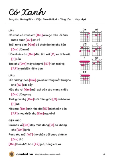 Hợp âm Cỏ Xanh (Lam Trường) – bản nhạc PDF trang 1, tông Dm