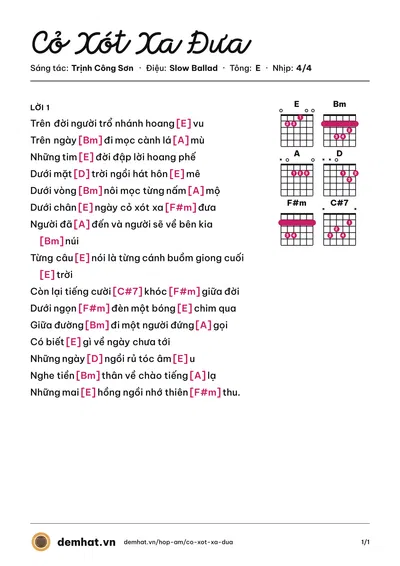 Hợp âm Cỏ Xót Xa Đưa (Quang Dũng) – bản nhạc PDF trang 1, tông E