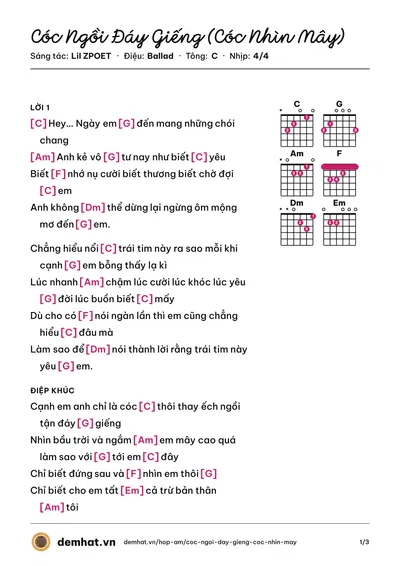 Hợp âm Cóc Ngồi Đáy Giếng (Cóc Nhìn Mây) (Lil ZPOET) – bản nhạc PDF trang 1, tông C