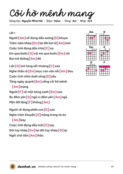 Hợp âm Cõi hờ mênh mang (Nguyễn Minh Hải) – bản nhạc PDF trang 1, tông Am