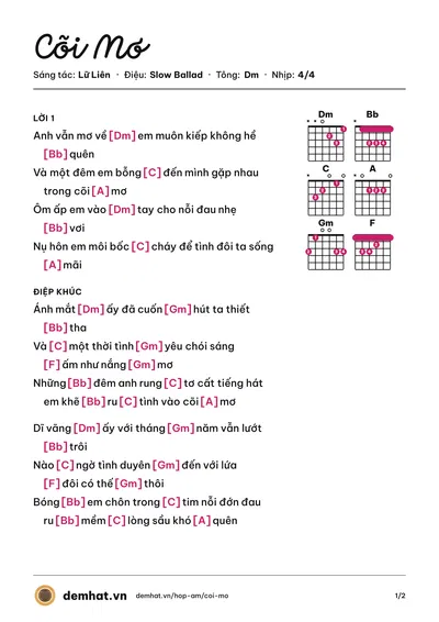 Hợp âm Cõi Mơ (Anh Tú) – bản nhạc PDF trang 1, tông Dm