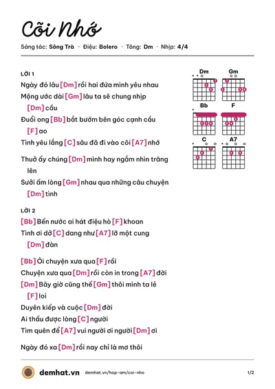 Hợp âm Cõi Nhớ (Quang Lê) – bản nhạc PDF trang 1, tông Dm
