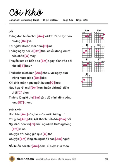 Hợp âm Cõi Nhớ (Khang Lê) – bản nhạc PDF trang 1, tông Am