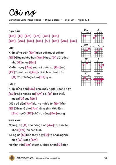 Hợp âm Cõi nợ (Hồ Quang Lộc) – bản nhạc PDF trang 1, tông Em
