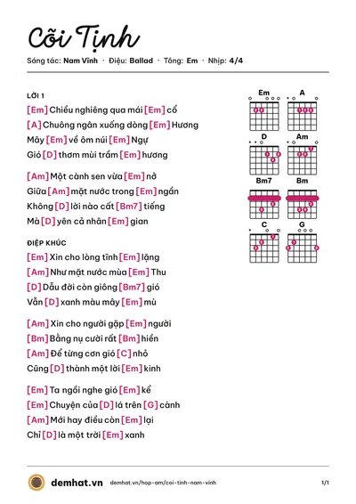 Hợp âm Cõi Tịnh (Hà Vân) – bản nhạc PDF trang 1, tông Em