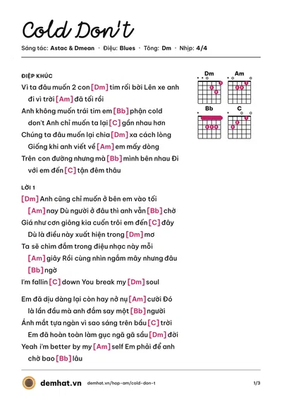 Hợp âm Cold Don't (Nmọc) – bản nhạc PDF trang 1, tông Dm