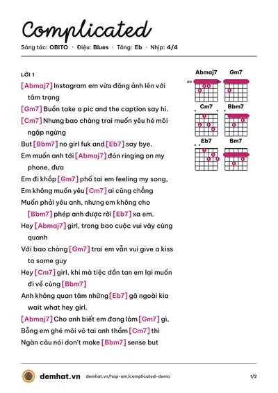Hợp âm Complicated (OBITO) – bản nhạc PDF trang 1, tông Eb
