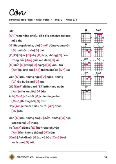 Hợp âm Còn (Vy Vy) – bản nhạc PDF trang 1, tông G