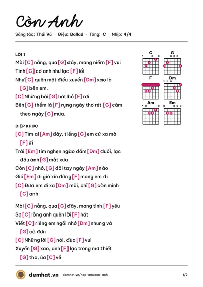 Hợp âm Còn Anh (Thái Vũ) – bản nhạc PDF trang 1, tông C