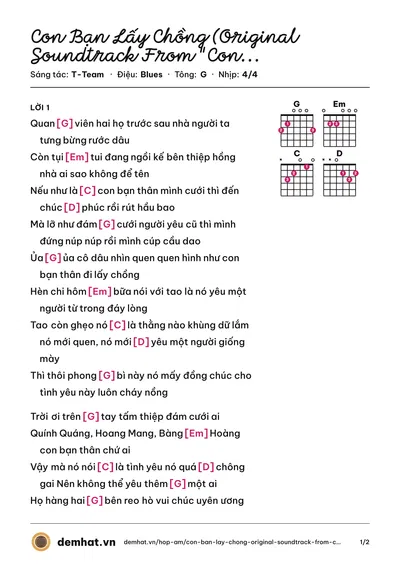 Hợp âm Con Bạn Lấy Chồng (Original Soundtrack From "Con Nhót Mót Chồng") (Huỳnh Phương) – bản nhạc PDF trang 1, tông G