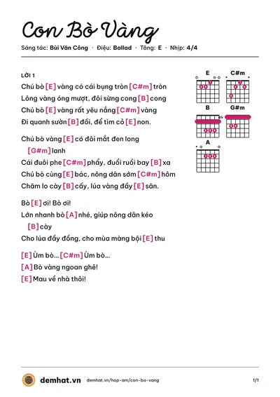 Hợp âm Con Bò Vàng (Bùi Văn Công) – bản nhạc PDF trang 1, tông E