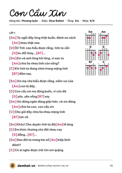 Hợp âm Con Cầu Xin (Phương Uyên) – bản nhạc PDF trang 1, tông Em