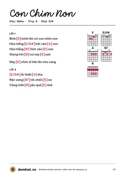 Hợp âm Con Chim Non (Bé Phương Vy) – bản nhạc PDF trang 1, tông E
