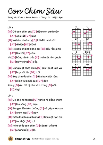 Hợp âm Con Chim Sâu (Kiên) – bản nhạc PDF trang 1, tông G