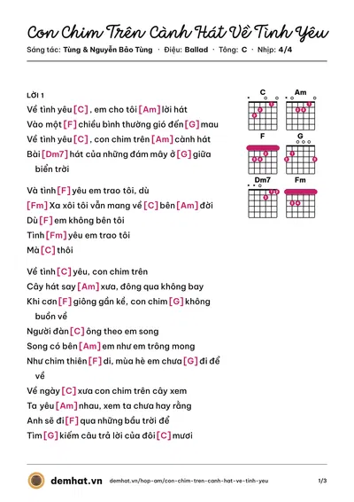 Hợp âm Con Chim Trên Cành Hát Về Tình Yêu (Tùng) – bản nhạc PDF trang 1, tông C