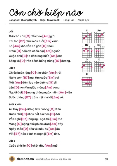 Hợp âm Còn chờ kiếp nào (Quang Huỳnh) – bản nhạc PDF trang 1, tông Em