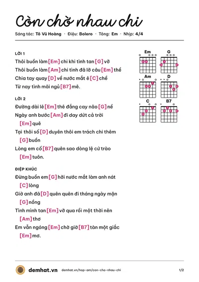 Hợp âm Còn chờ nhau chi (Tô Vũ Hoàng) – bản nhạc PDF trang 1, tông Em