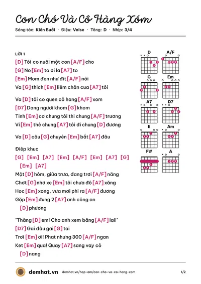 Hợp âm Con Chó Và Cô Hàng Xóm (Kiên Bưởi) – bản nhạc PDF trang 1, tông D