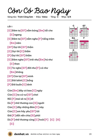 Hợp âm Còn Có Bao Ngày (Khánh Ly) – bản nhạc PDF trang 1, tông C