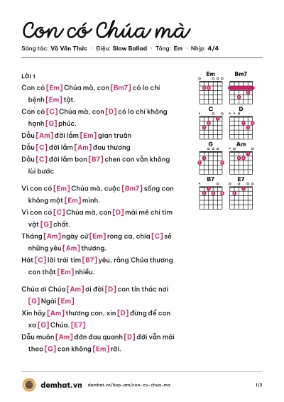 Hợp âm Con có Chúa mà (Võ Văn Thức) – bản nhạc PDF trang 1, tông Em