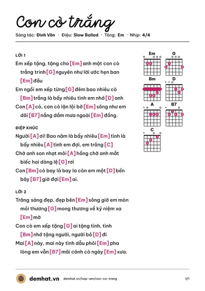 Hợp âm Con cò trắng (Phi Nhung) – bản nhạc PDF trang 1, tông Em