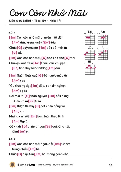 Hợp âm Con Còn Nhớ Mãi (Hồng Duy) – bản nhạc PDF trang 1, tông Em