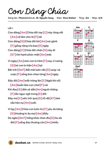 Hợp âm Con Dâng Chúa (Lm. JB. Nguyễn Sang) – bản nhạc PDF trang 1, tông Am
