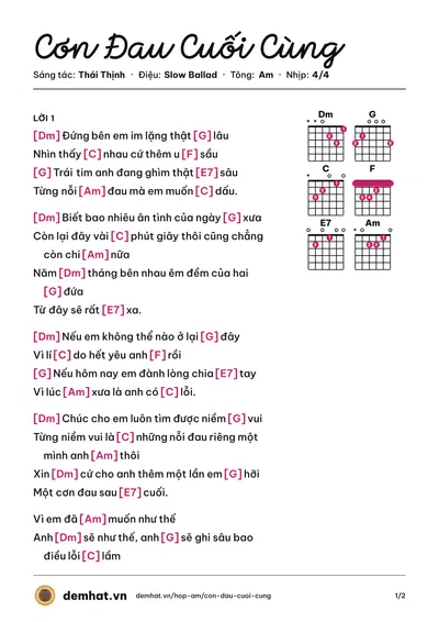 Hợp âm Cơn Đau Cuối Cùng (Lê Hiếu) – bản nhạc PDF trang 1, tông Am