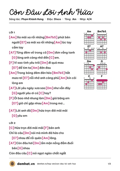 Hợp âm Còn Đâu Lời Anh Hứa (Phạm Thanh Thảo) – bản nhạc PDF trang 1, tông Am
