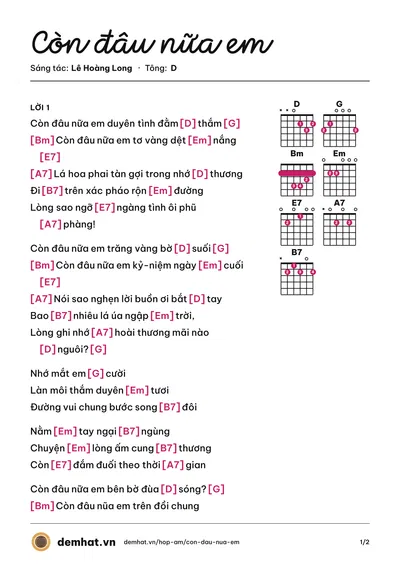 Hợp âm Còn đâu nữa em (Hà Thanh (trước 75)) – bản nhạc PDF trang 1, tông D