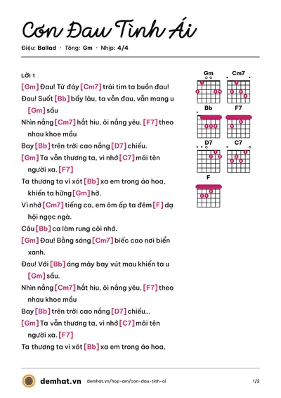 Hợp âm Cơn Đau Tình Ái (Hoàng Tâm) – bản nhạc PDF trang 1, tông Gm
