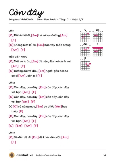 Hợp âm Còn đây (Vinh Khuất) – bản nhạc PDF trang 1, tông C