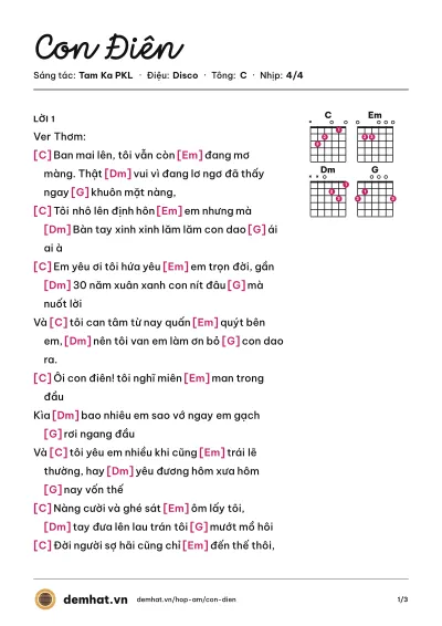 Hợp âm Con Điên (Tam Ka PKL) – bản nhạc PDF trang 1, tông C