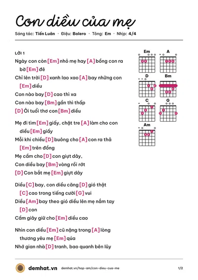 Hợp âm Con diều của mẹ (Hoài Lâm) – bản nhạc PDF trang 1, tông Em