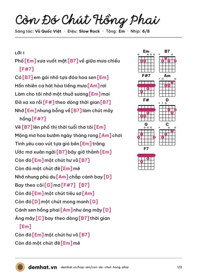 Hợp âm Còn Đó Chút Hồng Phai (Quang Dũng) – bản nhạc PDF trang 1, tông Em