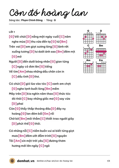 Hợp âm Còn đó hoàng lan (Phạm Chinh Đông) – bản nhạc PDF trang 1, tông G