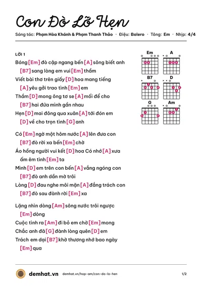 Hợp âm Con Đò Lỡ Hẹn (Giáng Tiên) – bản nhạc PDF trang 1, tông Em