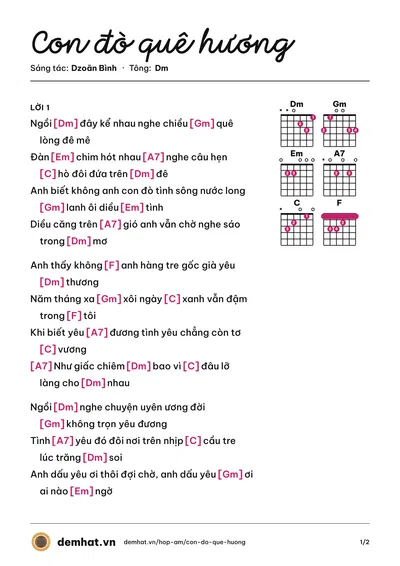 Hợp âm Con đò quê hương (Chí Tài) – bản nhạc PDF trang 1, tông Dm