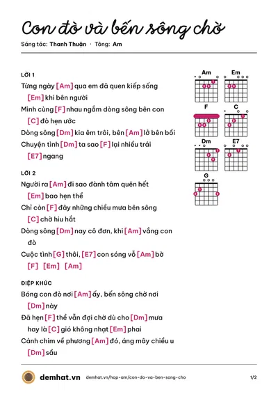 Hợp âm Con đò và bến sông chờ (Thanh Thuận) – bản nhạc PDF trang 1, tông Am