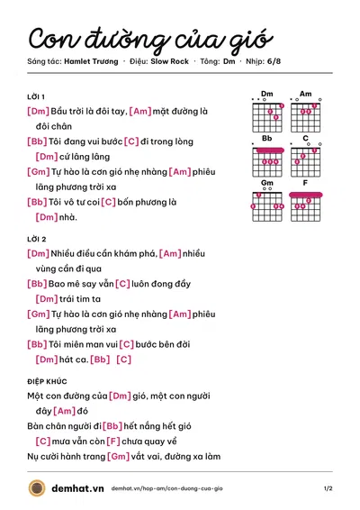 Hợp âm Con đường của gió (Hamlet Trương) – bản nhạc PDF trang 1, tông Dm