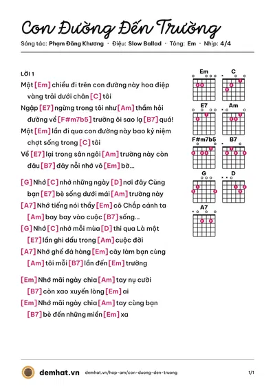 Hợp âm Con Đường Đến Trường (Cẩm Ly) – bản nhạc PDF trang 1, tông Em